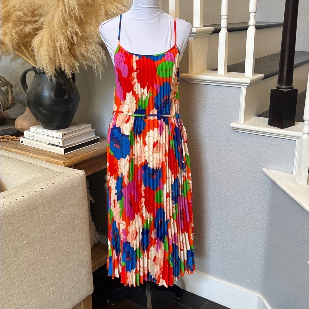 Sam Edelman Plisse Dress Retro Floral Colorful Floral Dress Size Large - Picture 3 of 10